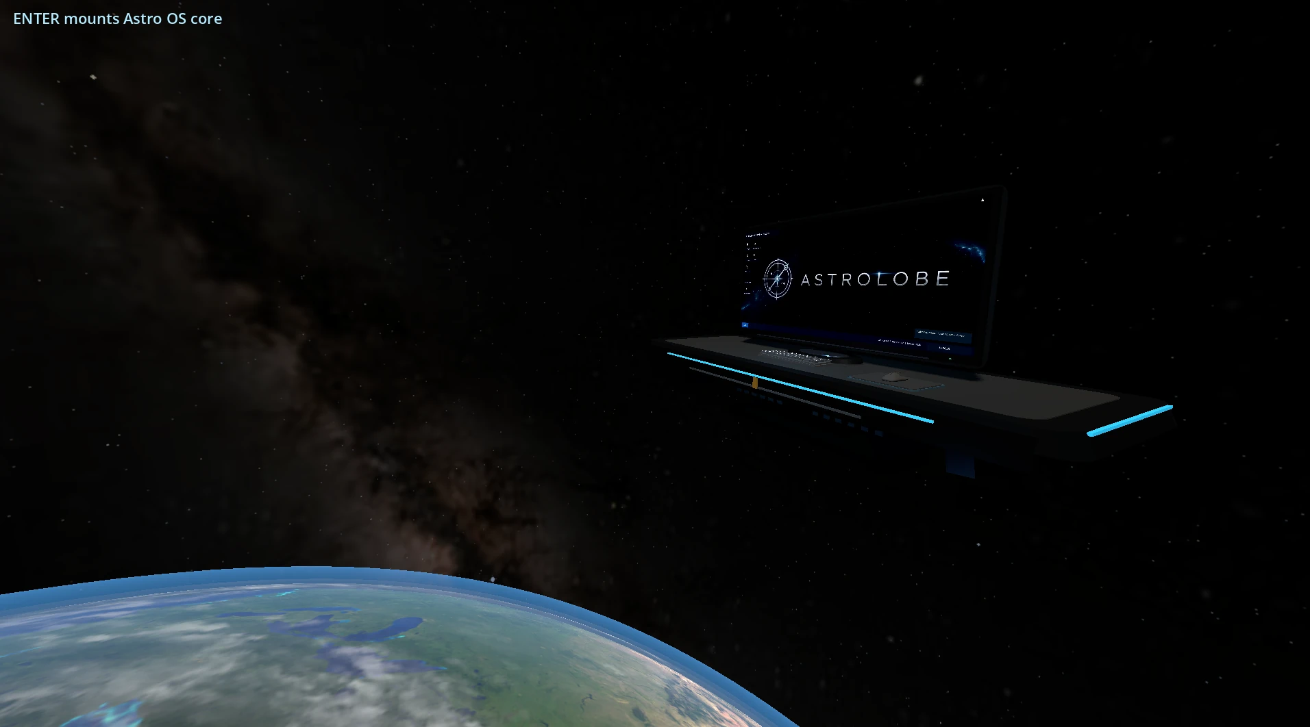 Live Astrolobe OS runtime capture showing an orbital workstation above Earth with the Astrolobe display active