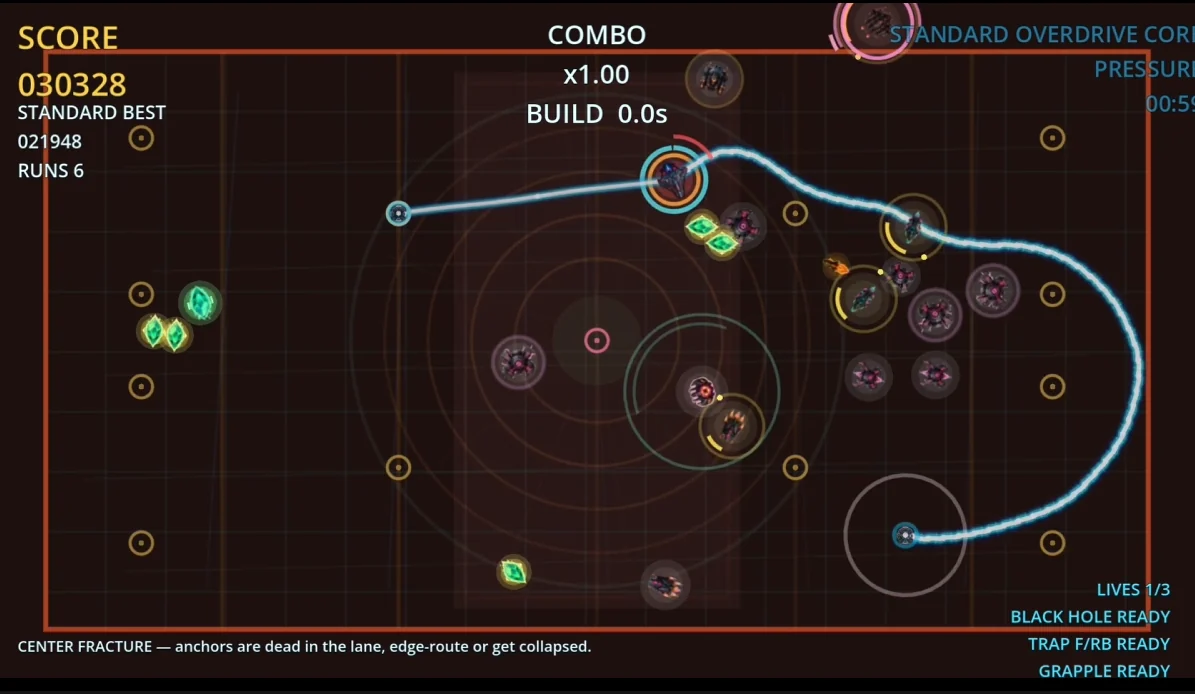Grapple Grid gameplay showing a dense pressure arena with enemies and grapples