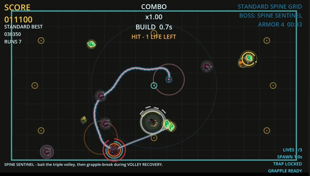 Grapple Grid gameplay showing the Spine Sentinel encounter and grapple break timing