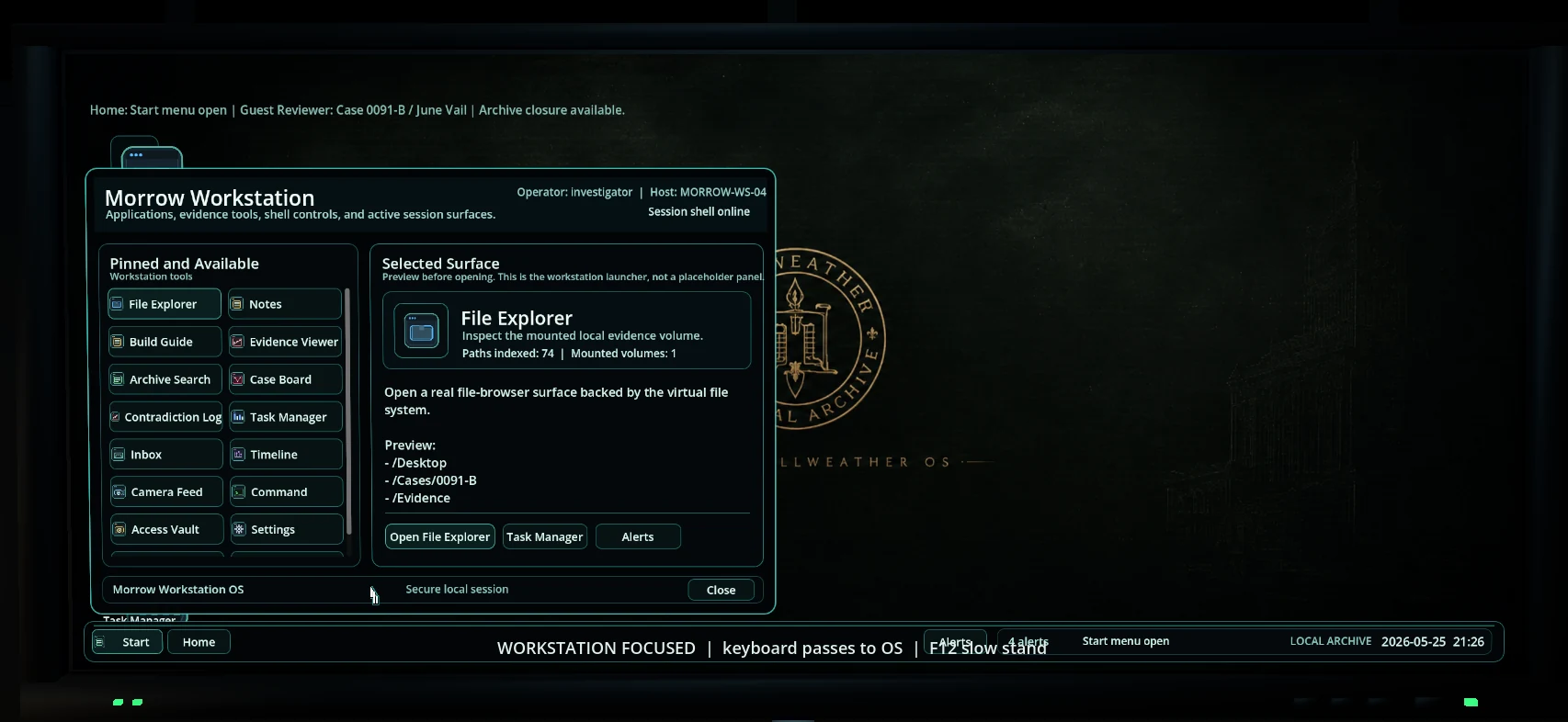 Morrow Bellweather workstation launcher showing archive search and workstation tools